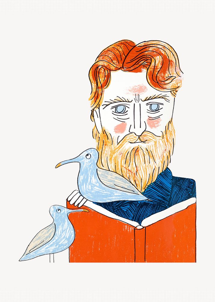 Beard man reading a book illustration.  Remixed by rawpixel.