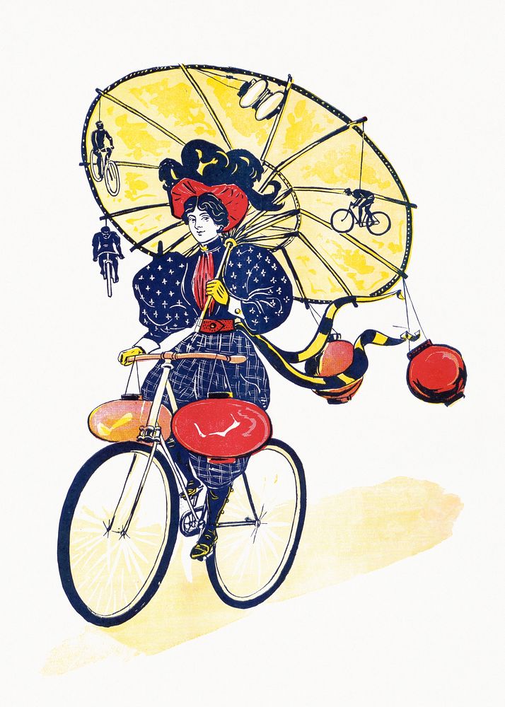 Vintage woman riding bicycle.   Remixed by rawpixel.