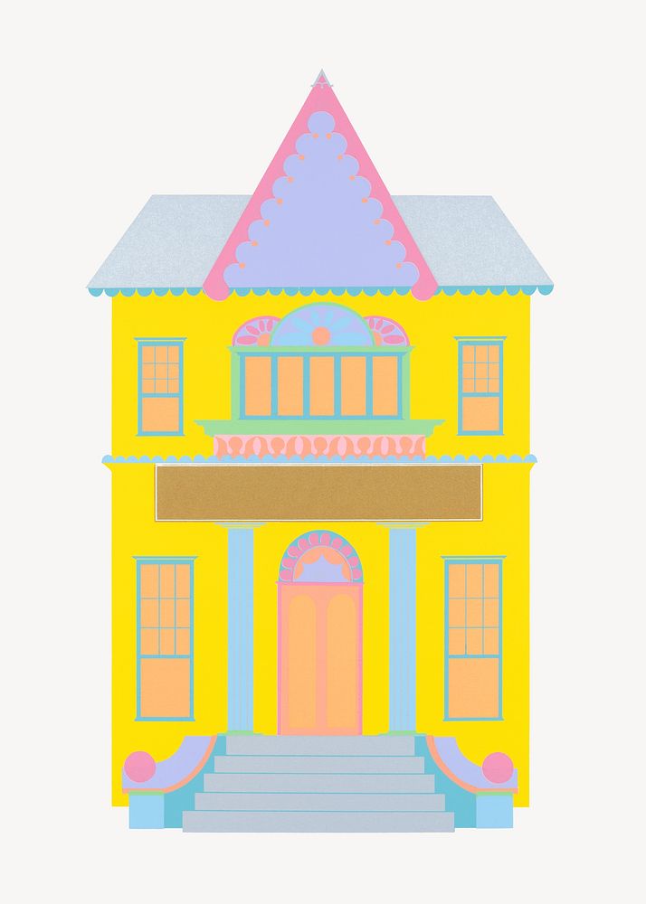 Yellow house, architecture illustration.  Remixed by rawpixel.