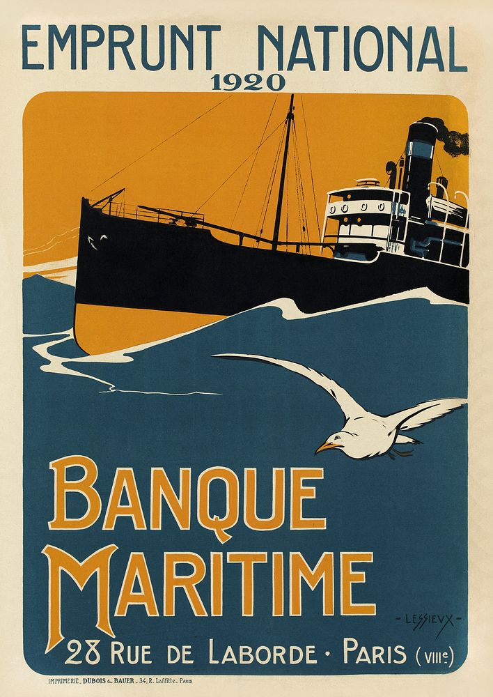 Lessieux. "1920 National Loan, Maritime Bank" lithography (1920). Original public domain image from the Carnavalet Museum.…