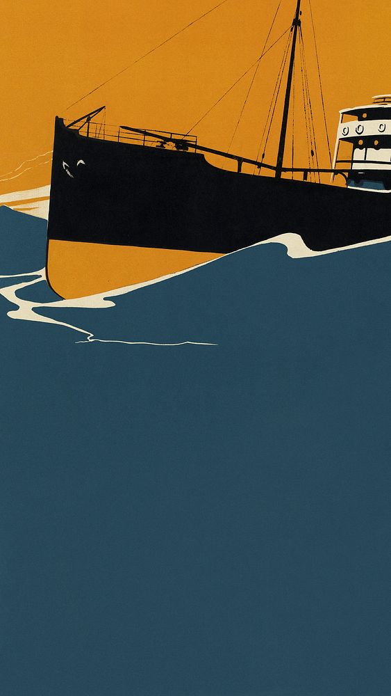 Fishing vessel mobile wallpaper, industrial illustration.   Remixed by rawpixel.