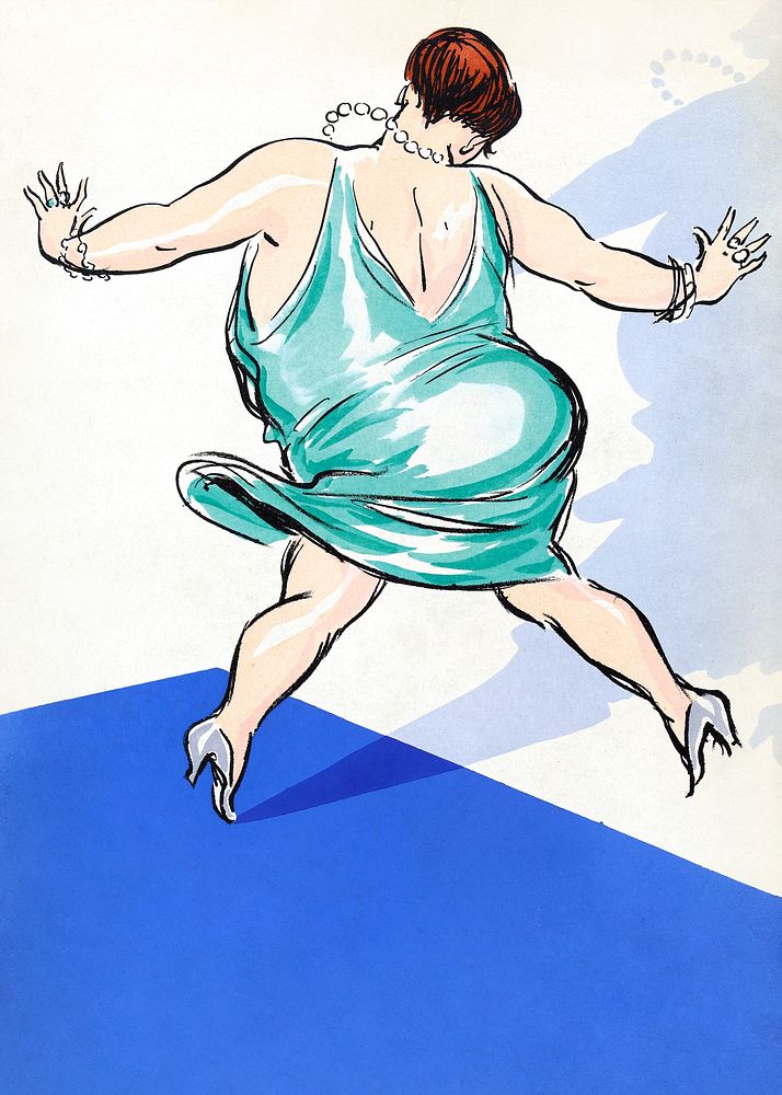 Plus size woman in blue party dress rear view illustration.  Remixed by rawpixel.