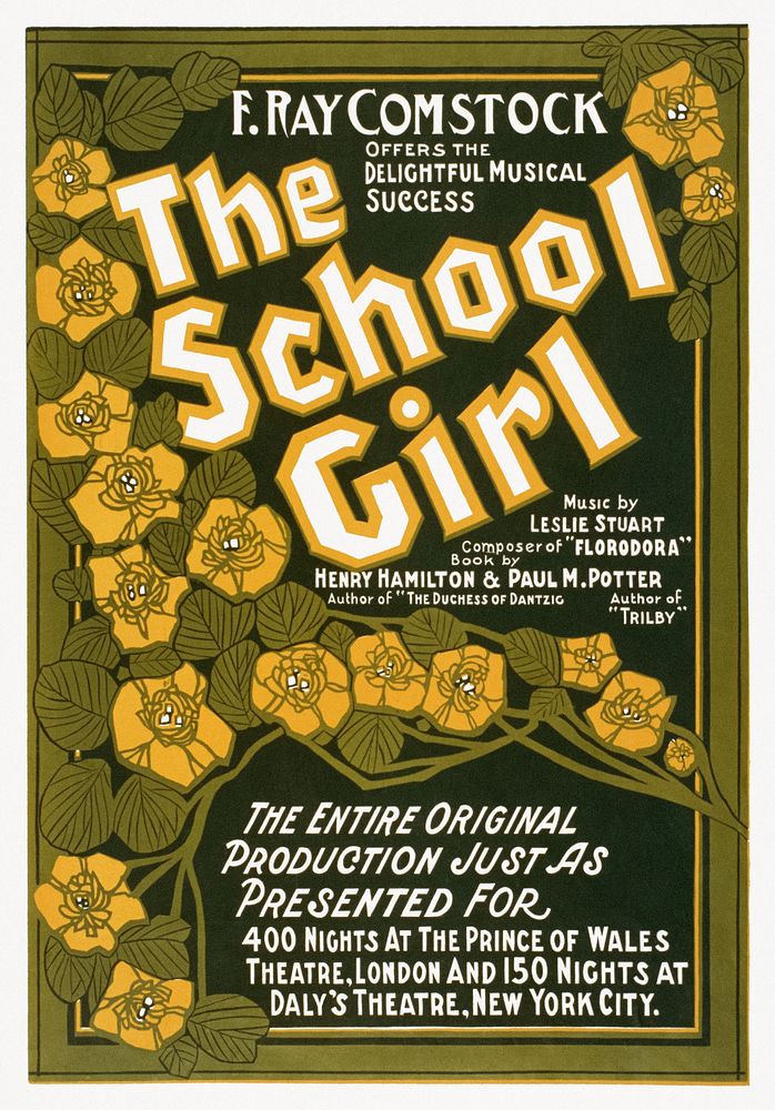 The school girl music poster (1905) vintage poster by U.S. Lithograph Co., F. Ray Comstock, Henry Hamilton, Paul M. Potter &…