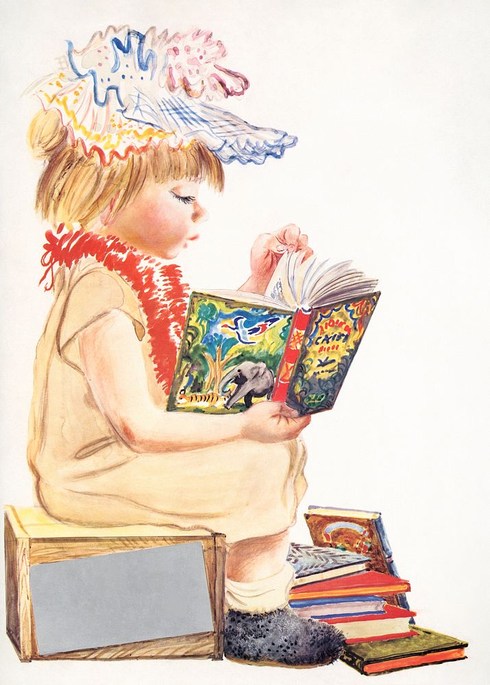 Little girl reading book illustration. Original public domain image from the Library of Congress. Digitally enhanced by…