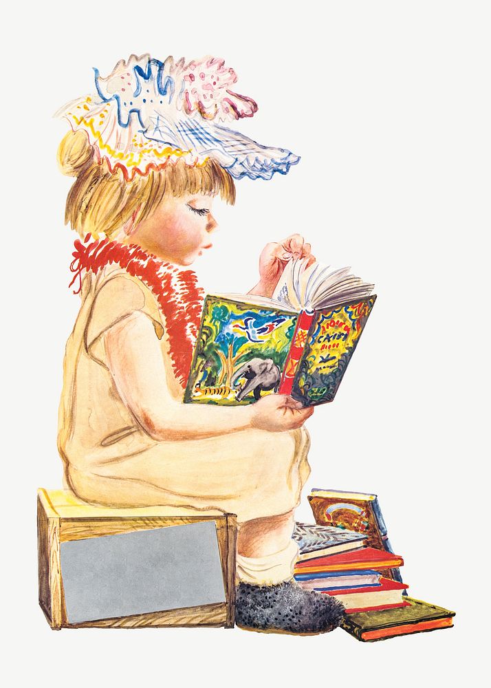 Little girl reading book illustration psd. Original public domain image from the Library of Congress. Digitally enhanced by…