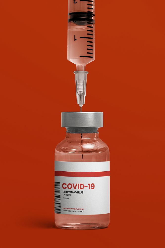 COVID-19 vaccine bottle label mockup with syringe psd
