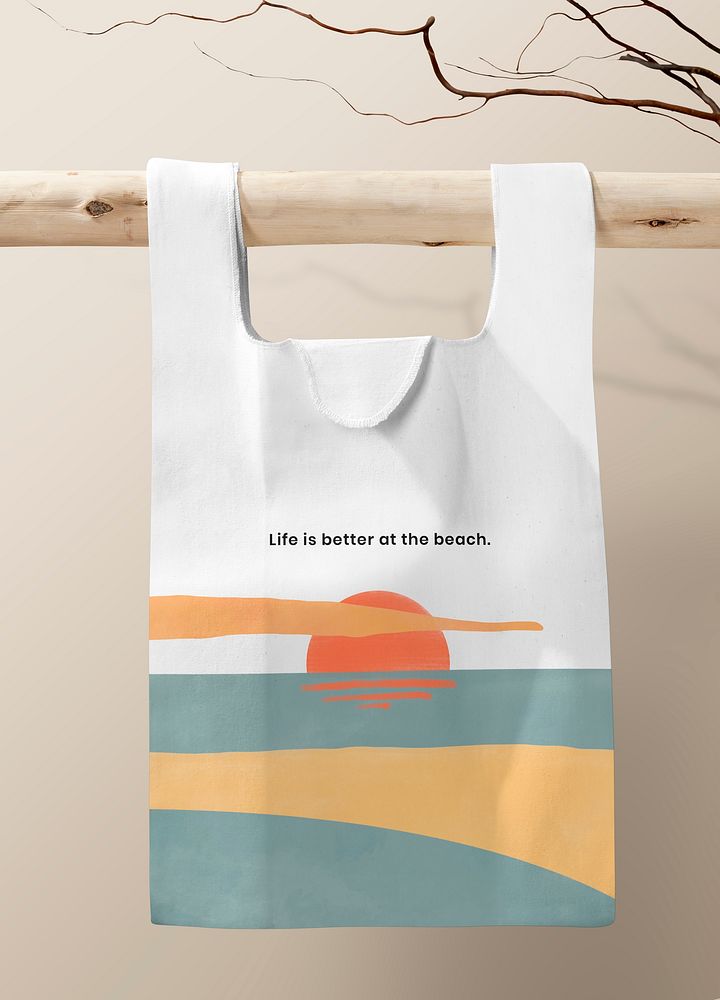 Reusable shopping bag mockup, printed summer graphic psd