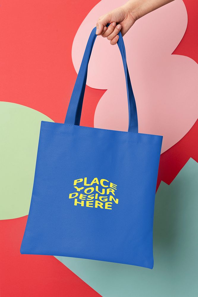 Blue tote bag mockup psd, apparel business branding logo design