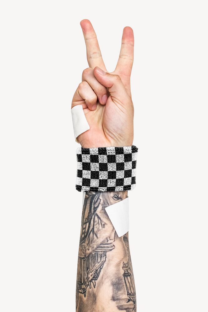 Peace hand sign with checkered swoosh wristband