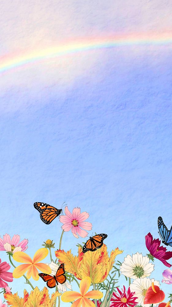 Rainbow sky iPhone wallpaper, flowers & butterfly design