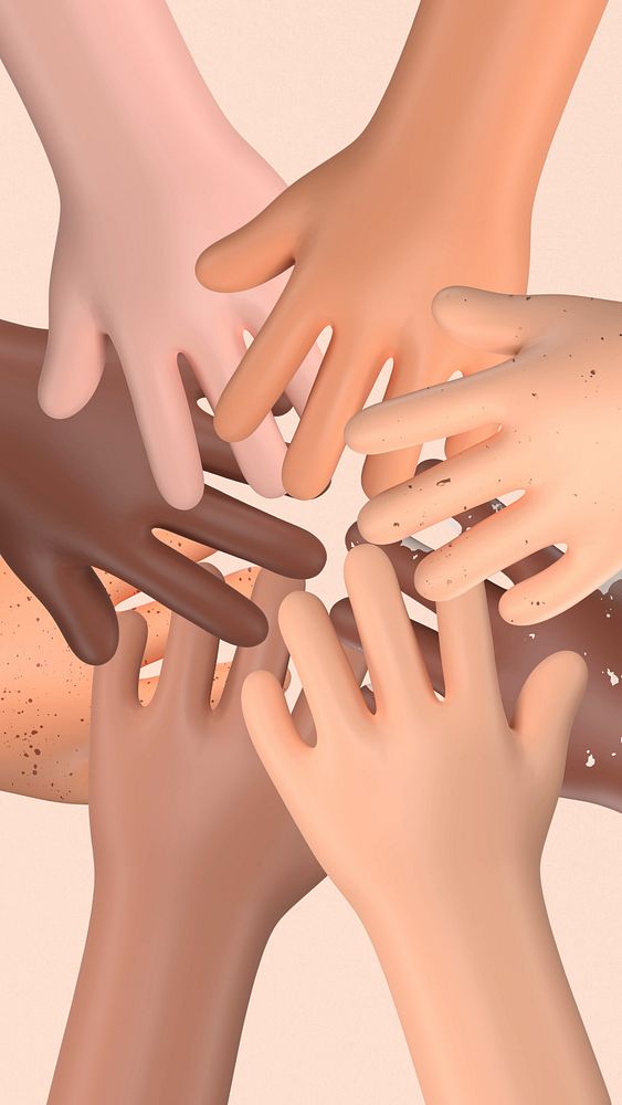 Joined diverse hands mobile wallpaper, 3D rendering background