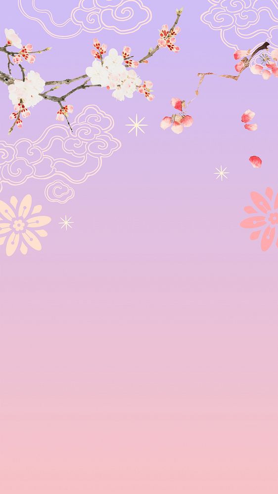Cherry blossom sunset phone wallpaper, purple gradient background