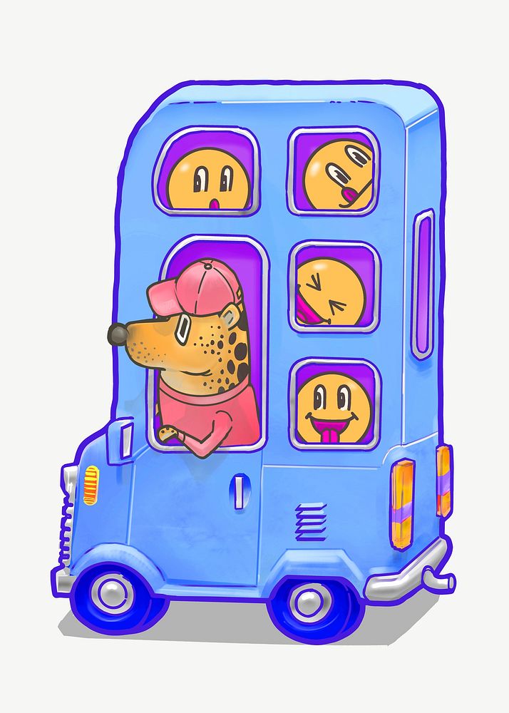 Triple decker bus cartoon collage element psd