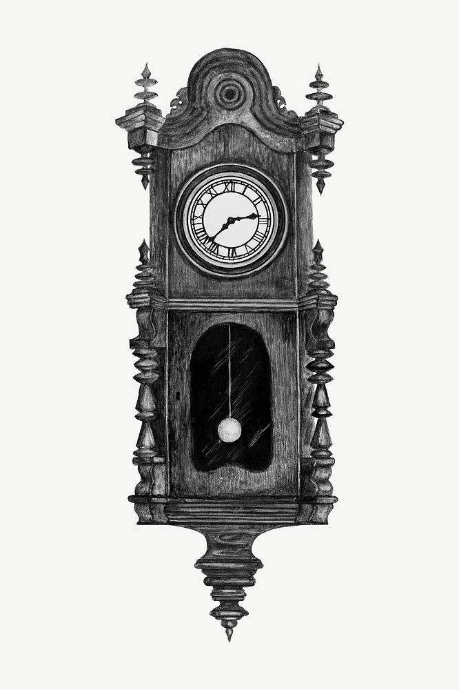 Wooden clock, Florence Stevenson's antique object collage element psd