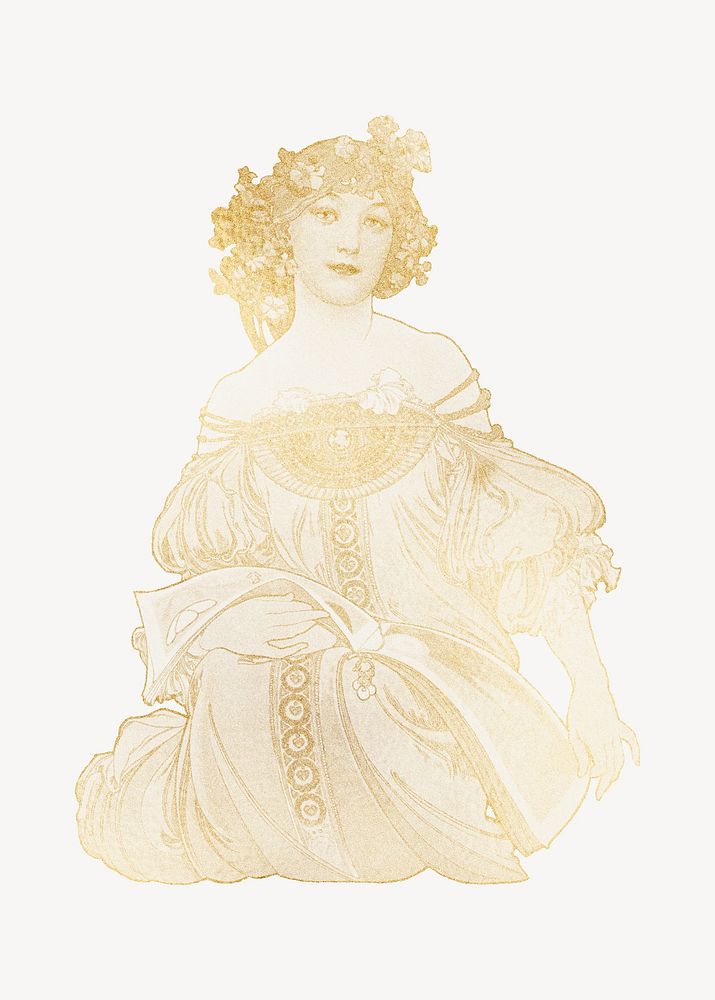 Alphonse Mucha's gold vintage woman, art nouveau illustration, remixed by rawpixel
