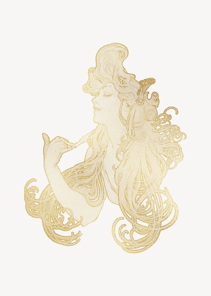 Alphonse Mucha's gold vintage woman, art nouveau illustration, remixed by rawpixel