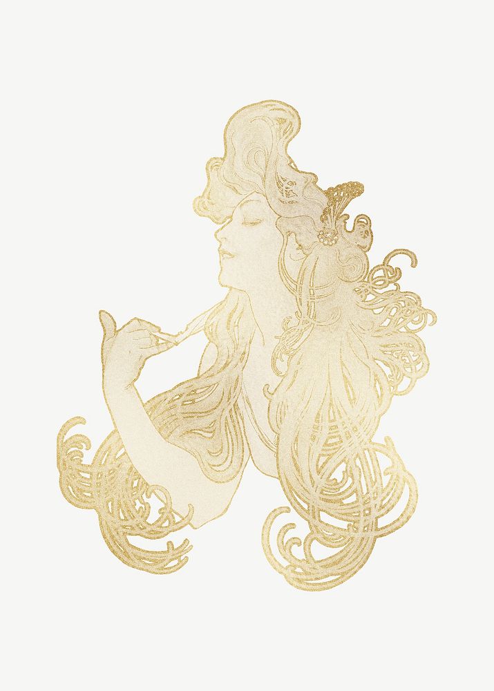 Alphonse Mucha's gold vintage woman, art nouveau collage element psd, remixed by rawpixel