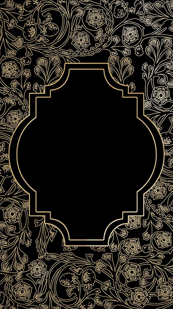 Leafy patterned frame phone wallpaper, black vintage background psd, remixed by rawpixel