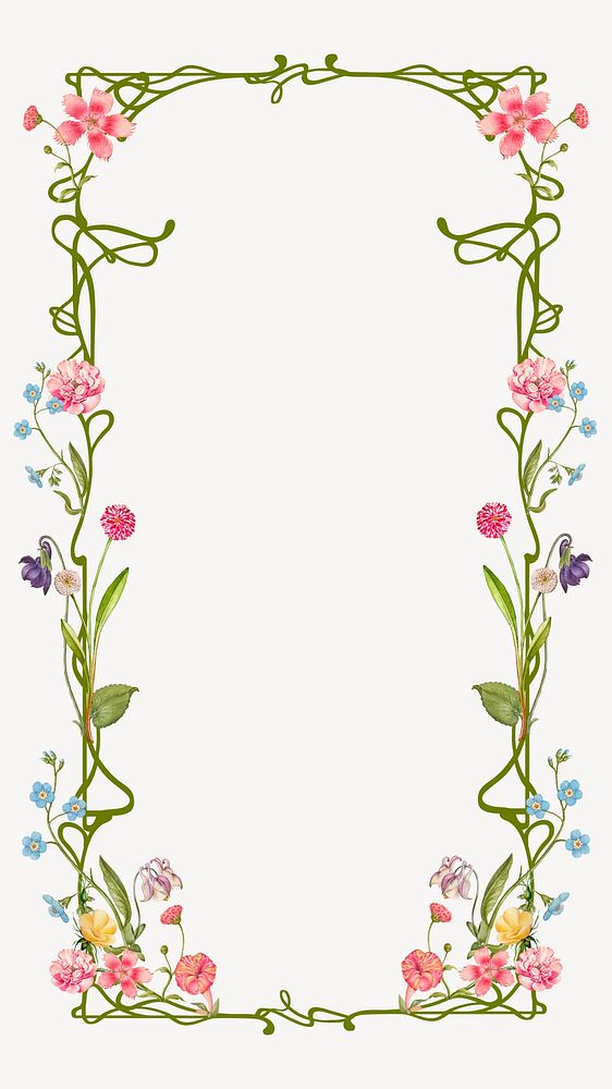 Floral ornament frame iPhone wallpaper, white background, remixed by rawpixel