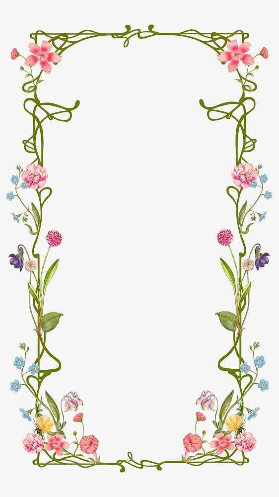 Floral ornament frame iPhone wallpaper, white background psd, remixed by rawpixel