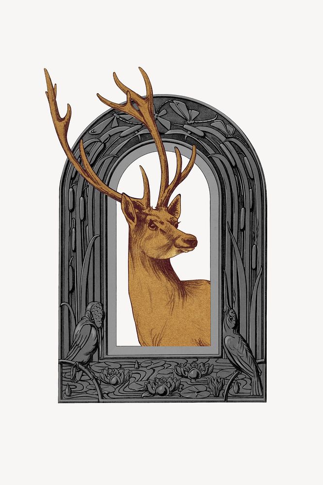 Stag in gray arch frame illustration, remixed by rawpixel