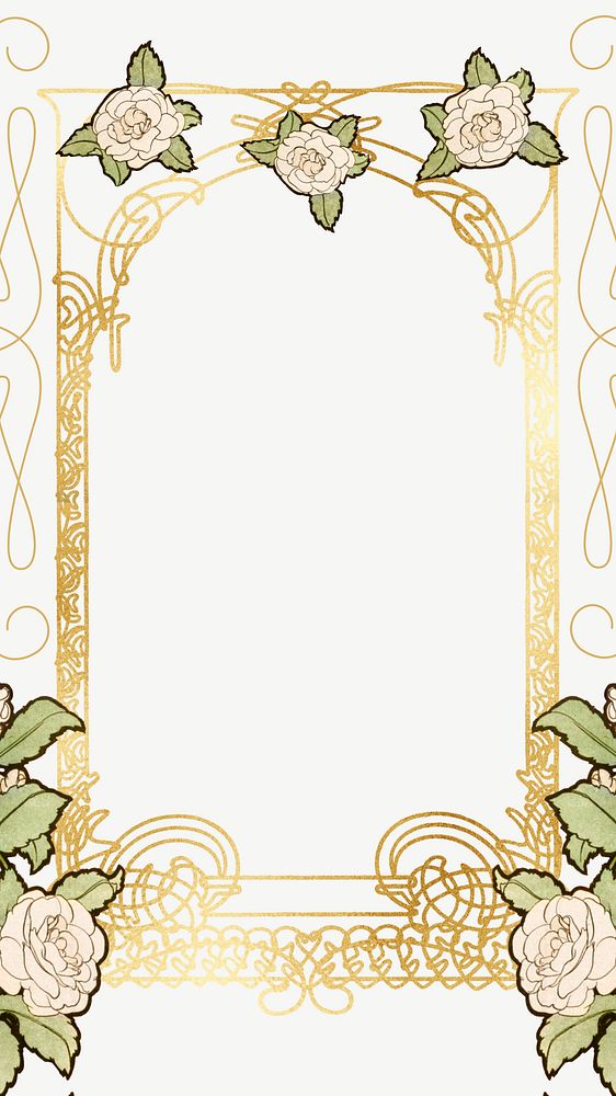Floral ornament frame phone wallpaper, gold luxury design psd, remixed by rawpixel