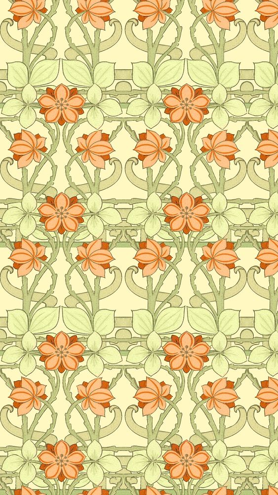 Floral iPhone wallpaper, green and orange design, remixed by rawpixel