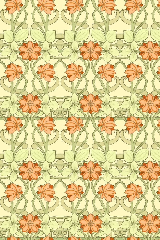 Floral patterned background, green and orange design, remixed by rawpixel