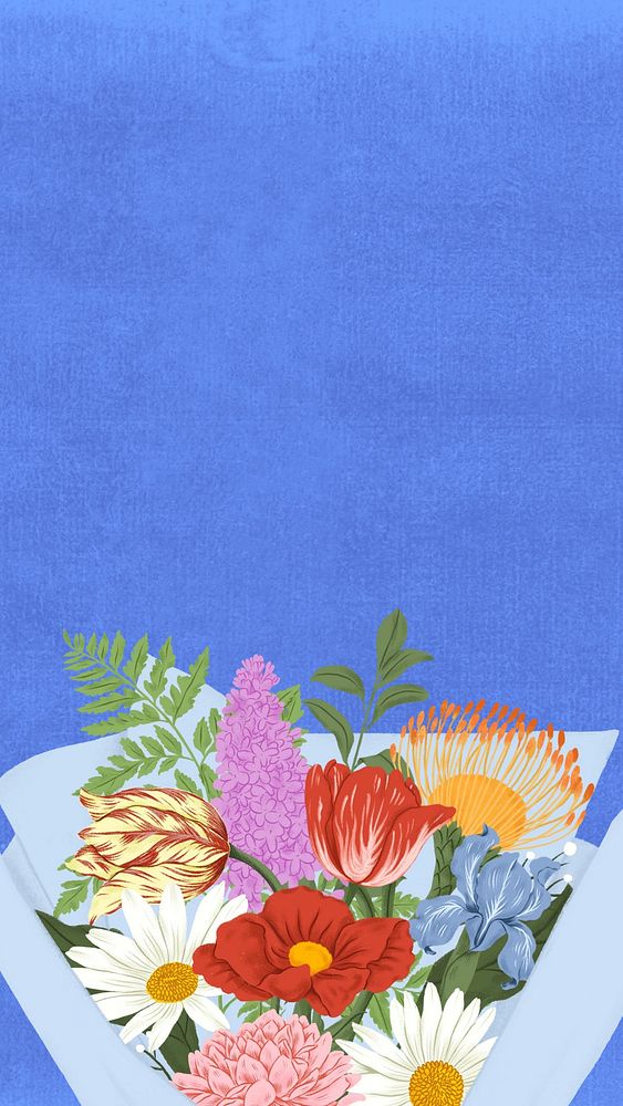 Aesthetic flower bouquet phone wallpaper, blue textured background