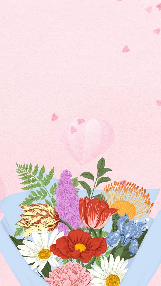 Flower bouquet phone wallpaper, pink heart background