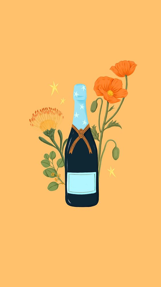 Floral champagne bottle phone wallpaper, celebration drink background