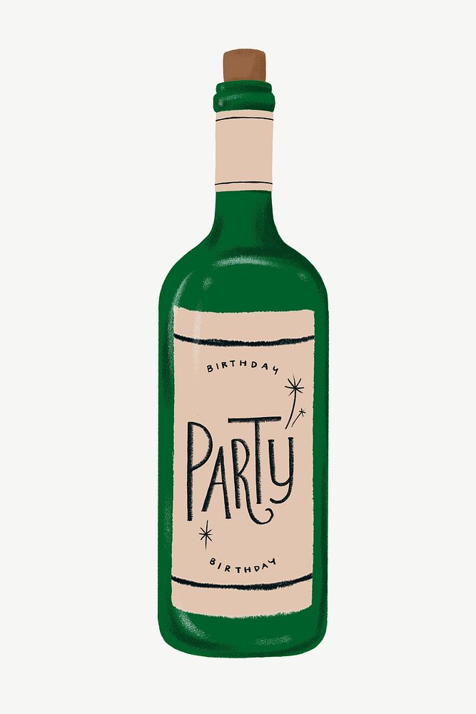 Wine bottle, party drink collage element psd