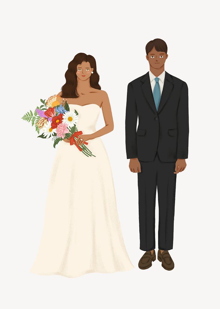 Black bride and groom, wedding illustration