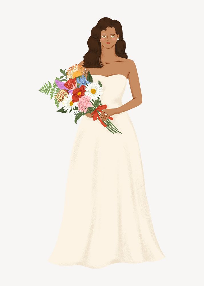 Bride holding flower bouquet, black woman illustration