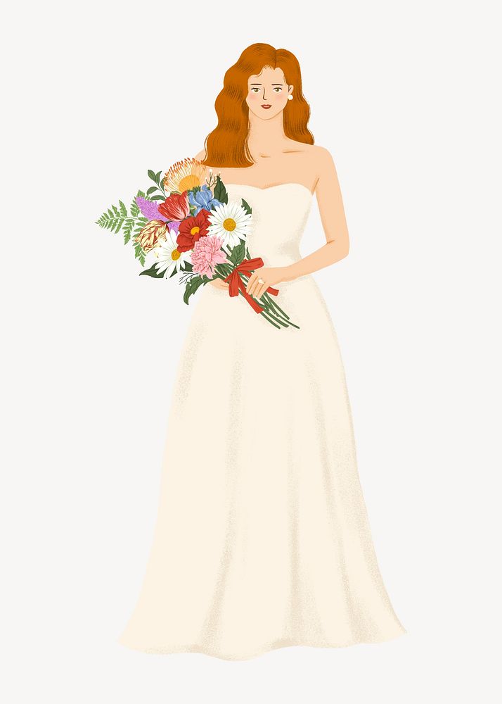 Bride holding flower bouquet, ginger woman illustration