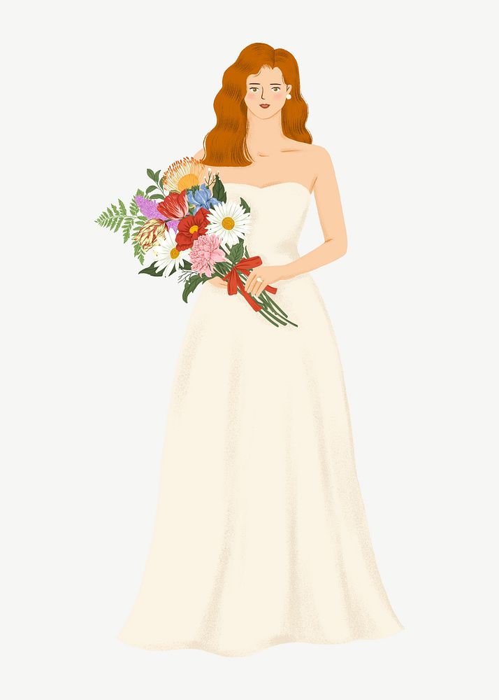 Bride holding flower bouquet, ginger woman collage element psd