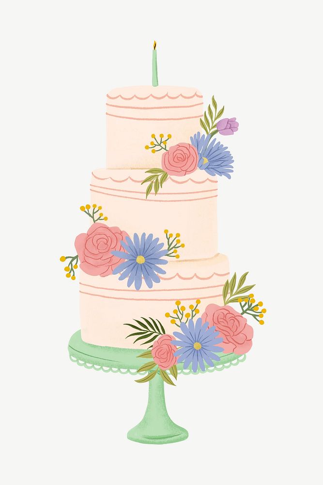 Floral birthday cake, celebration collage element psd