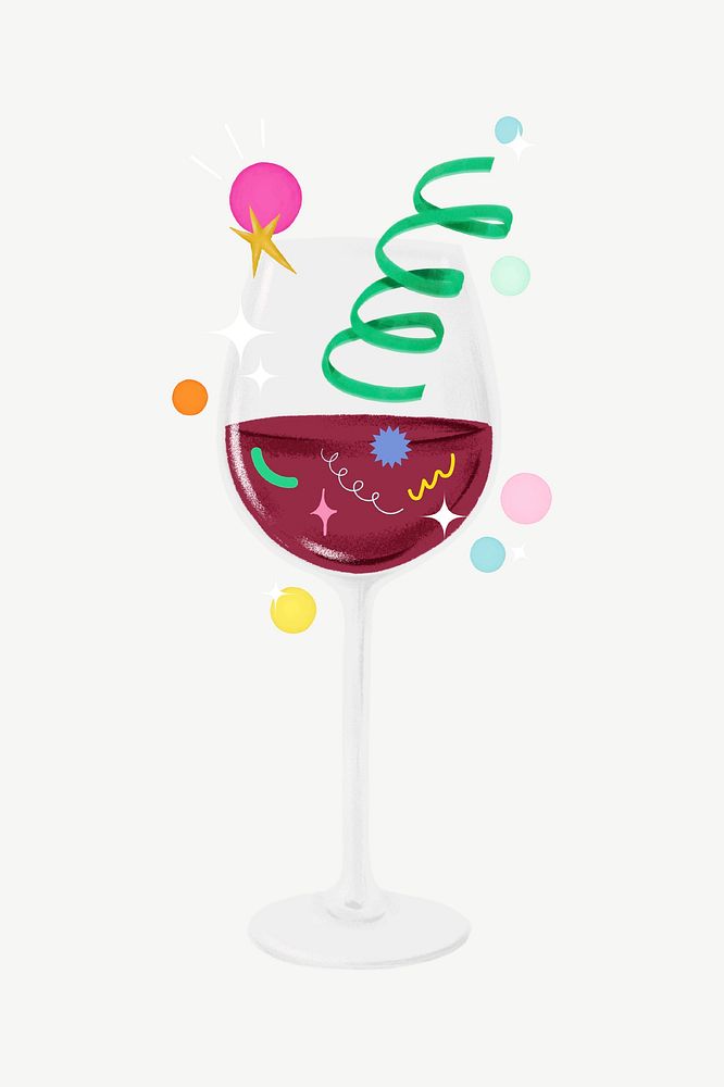 Red wine glass, party drink collage element psd