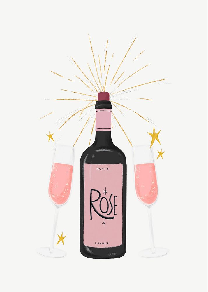 Pink champagne bottle, glasses, celebration drinks collage element psd