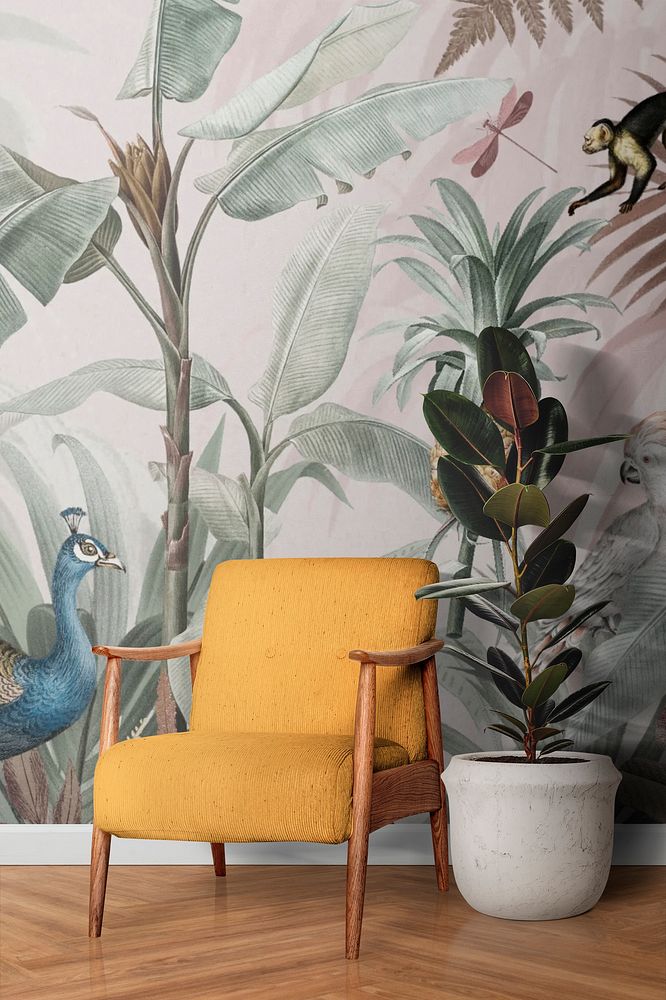Living room with vintage wildlife wallpaper