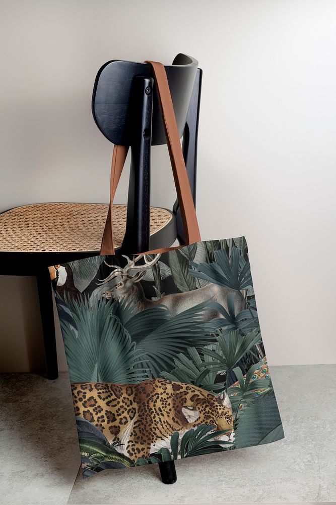 Tote bag mockup, vintage wildlife pattern design psd