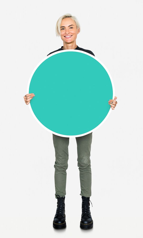 Woman holding round board mockup psd