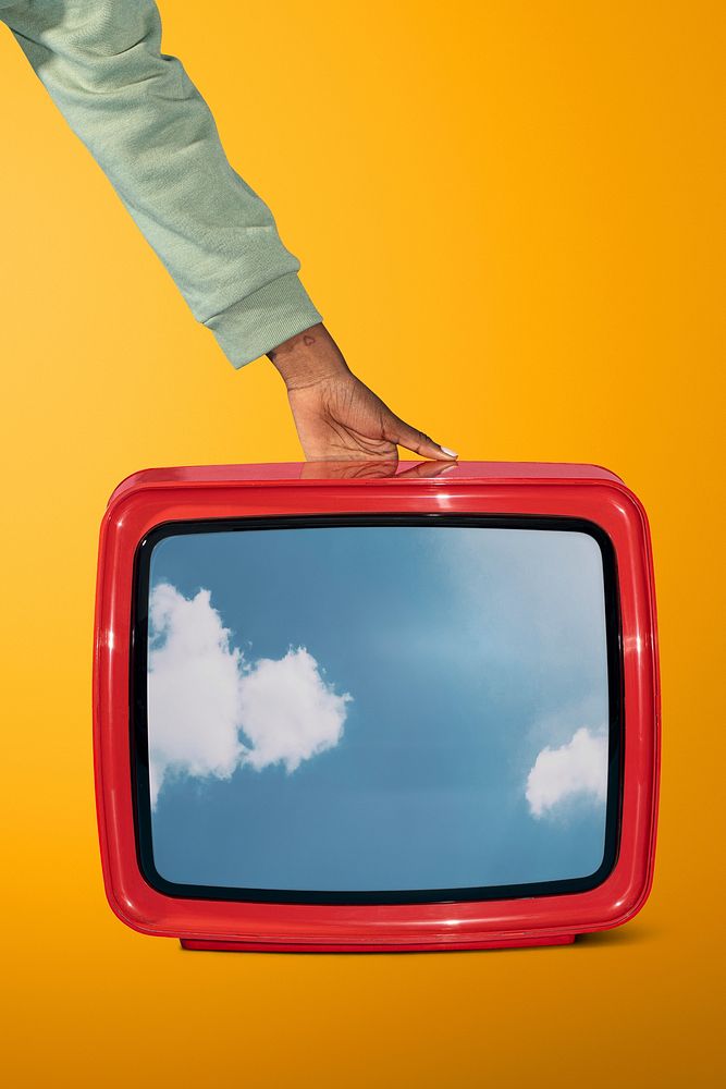 Woman with a red television mockup