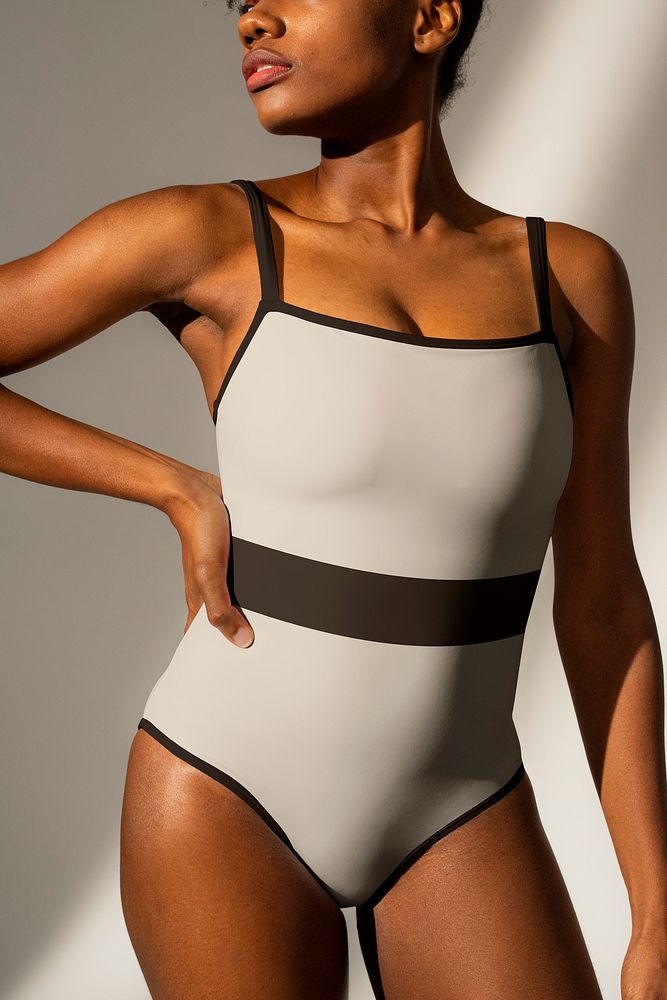 Basic one-piece swimsuit psd mockup with black stripe beach fashion