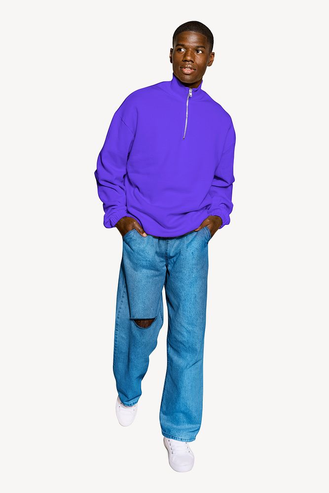 Man wearing half zip sweater, full body model