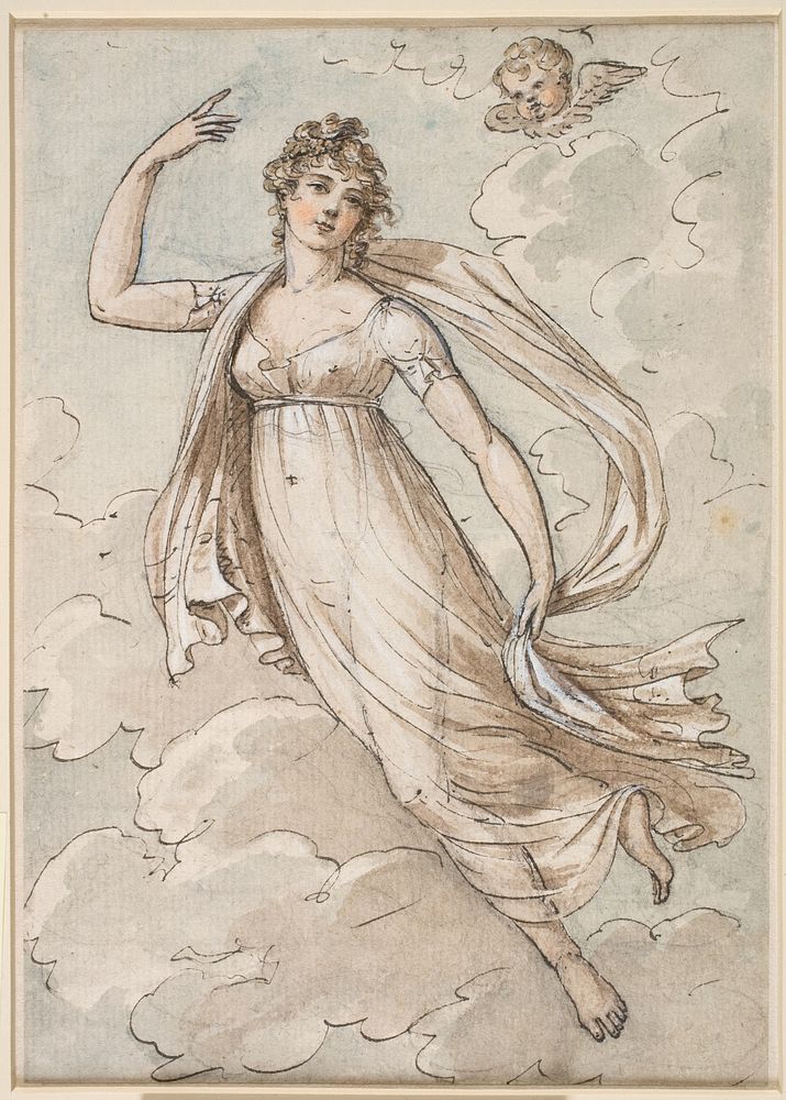 Woman floating in the sky, observed by a cherub by Peltro William Tomkins, Angelica Kauffmann