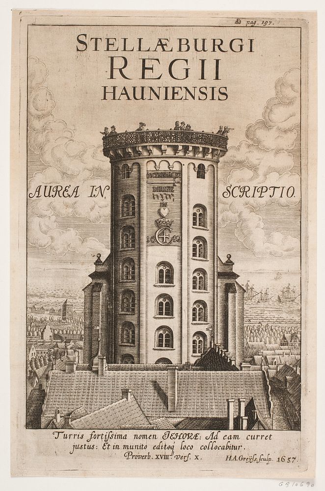 Round Tower in Copenhagen.Illustration for Thomas Bang, "Phosphorus inscriptionis Hierosymbolicæ paræneticus by Hans Andreas…