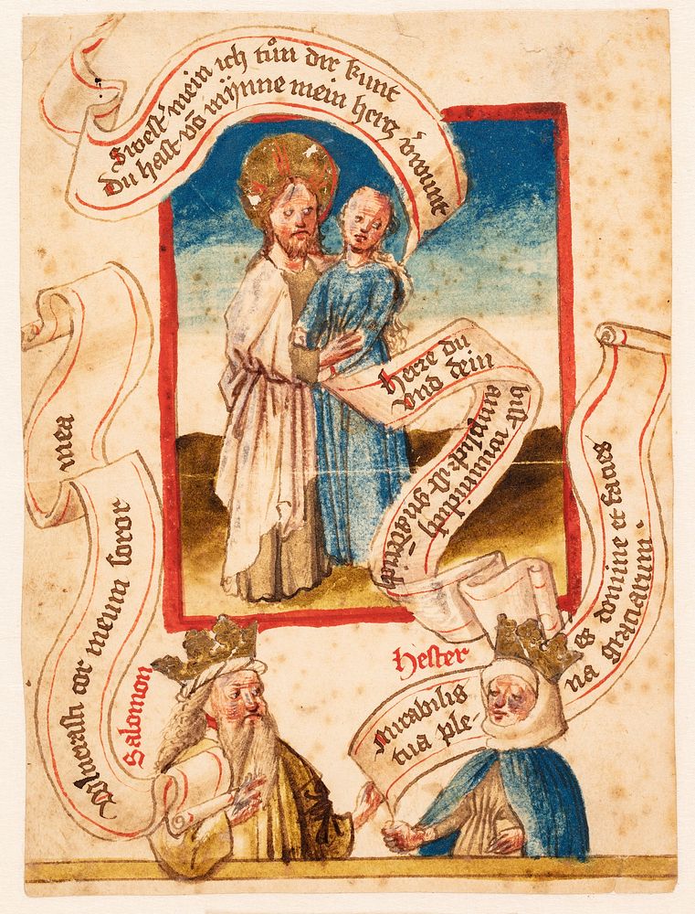 Christ embracing a woman (personifying the faithful?) Below "Solomon" and "Hester"   by unknown
