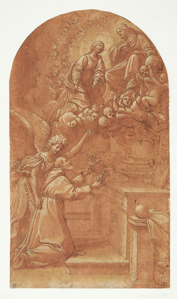 A kneeling Franciscan (Frans of Assisi?), supported by an angel, holds out flowers with both hands towards the enthroned…