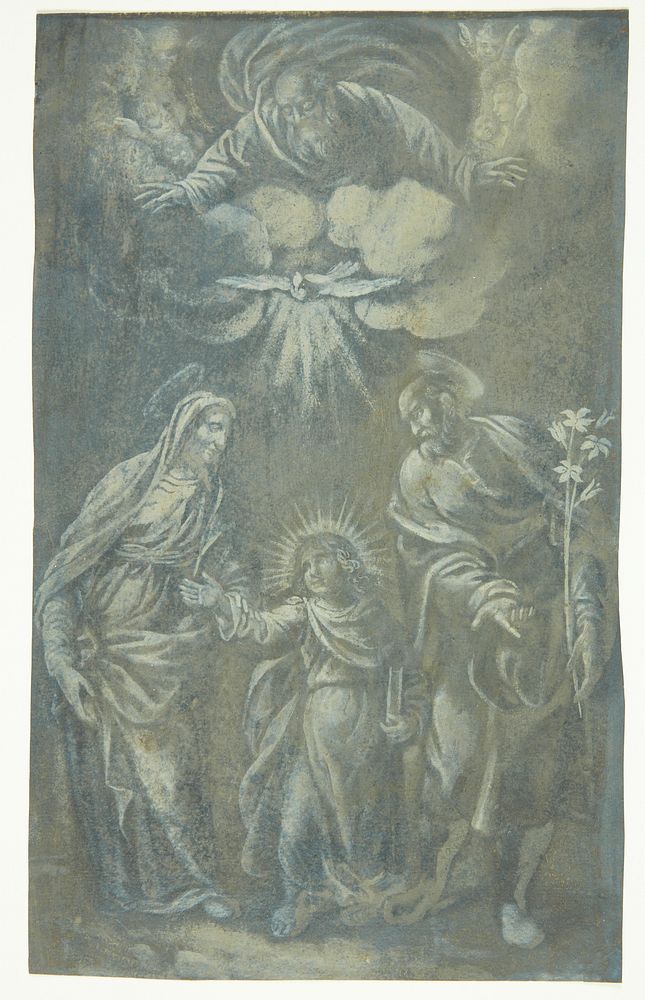 The Holy Family walking under God the Father and the Holy Spirit   by unknown